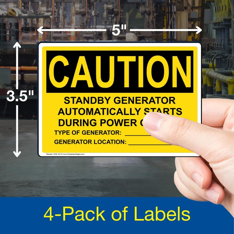 ComplianceSigns علامة تحذير مولد احتياطي يبدأ تلقائيًا ملصق OSHA، 5x3.5 بوصة 4-pack فينيل للكهرباء - Image 2